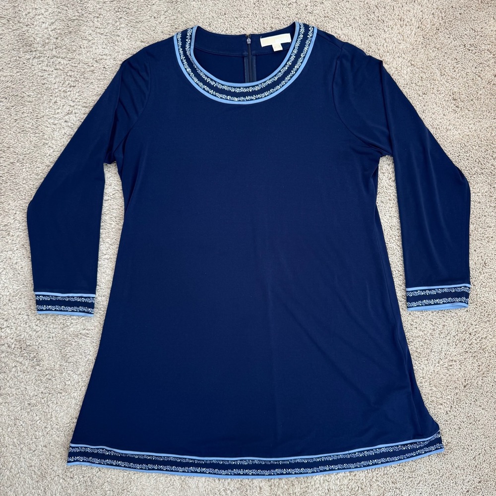 Michael Kors Dress Women's Size 2X Navy Blue Embellished Trim Shift Long Sleeve
